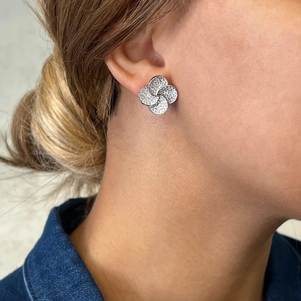 Pave Set Round Cut Diamond Flower Stud Earring 18K White Gold 1.44Cttw - Picture 1 of 4